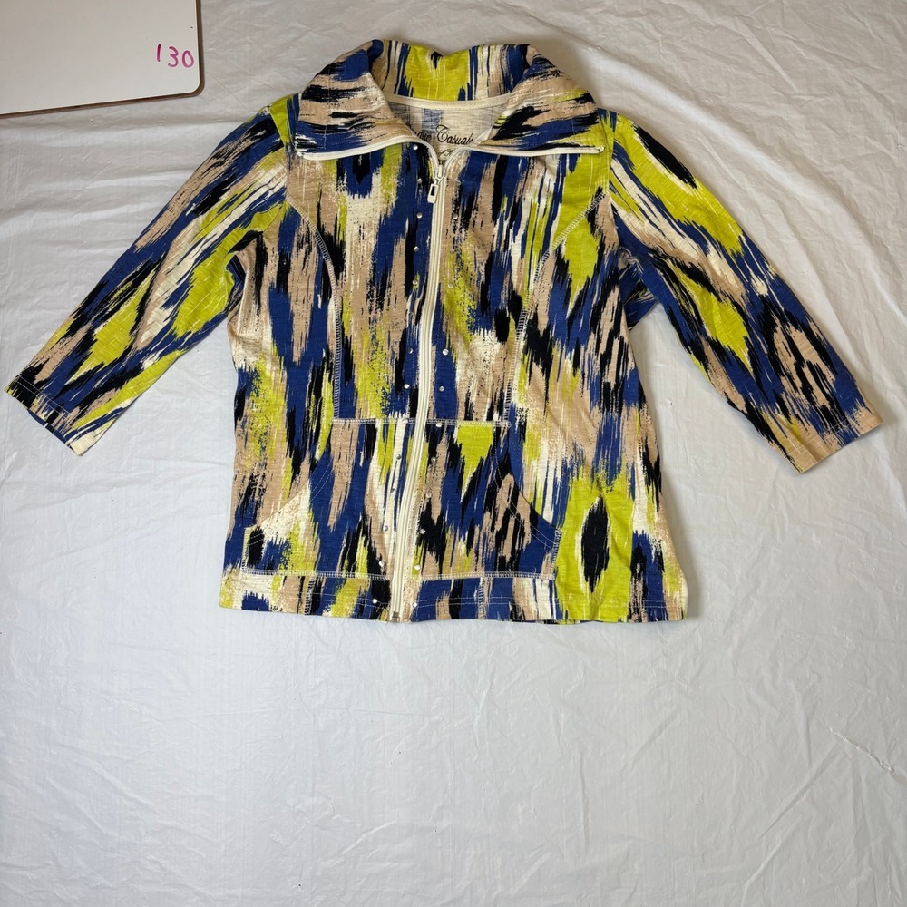 Onque Casuals Women's Abstract‎ Print Zip Up Jacket Size S Yellow Blue Tan